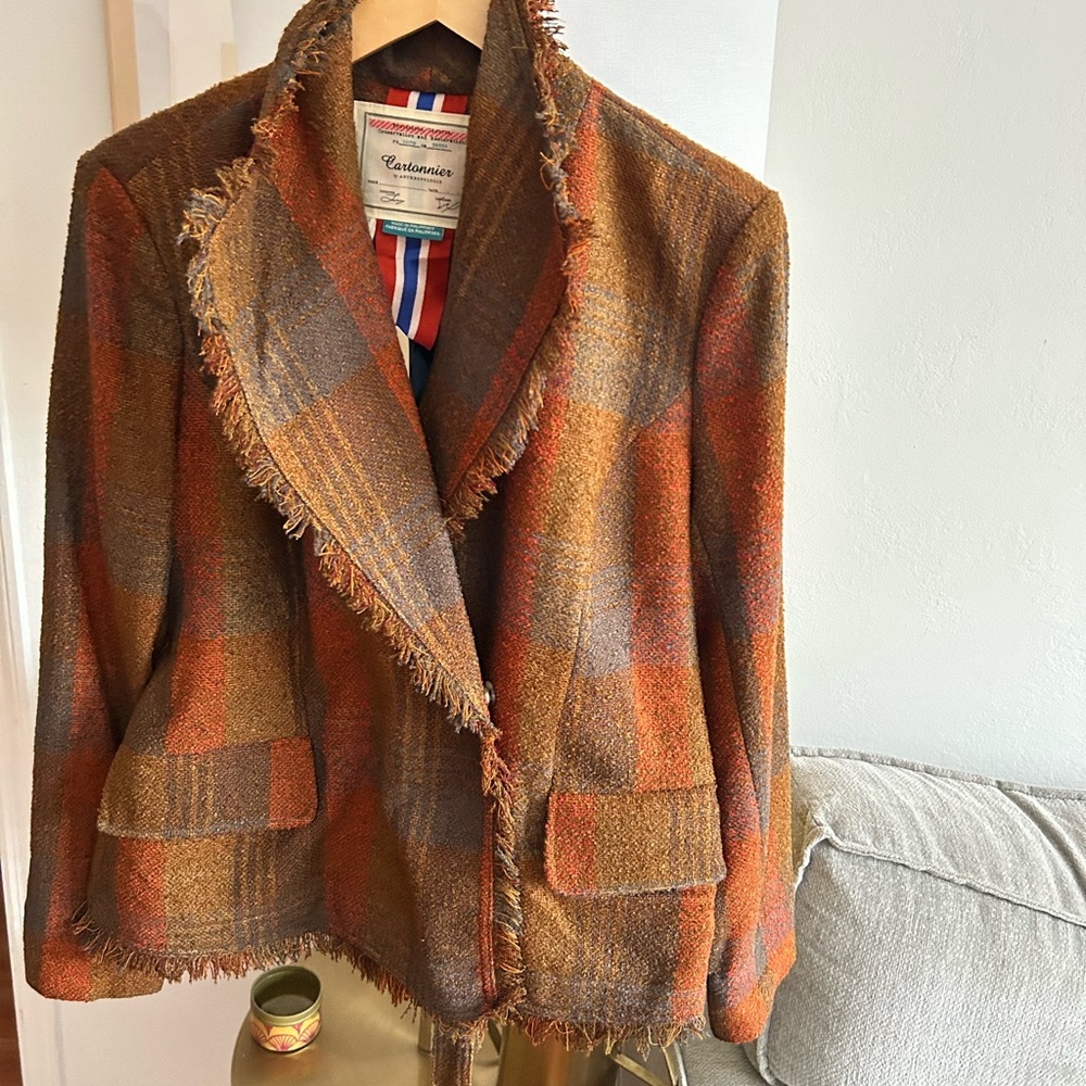 Anthropologie Cartonnier Plaid Preppy Brown Academia Fringed Tweed Blazer 14 - Picture 3 of 15
